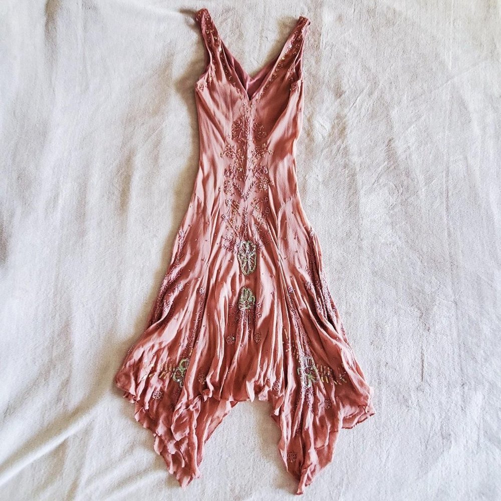vintage nude pink double-lined flapper sequin mermaid bodycon 100% silk dress